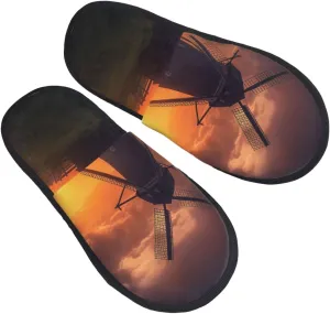 Sunset Windmill Furry House Slippers for Women Men Soft Fuzzy Slippers Indoor Casual Plush House Shoes Large