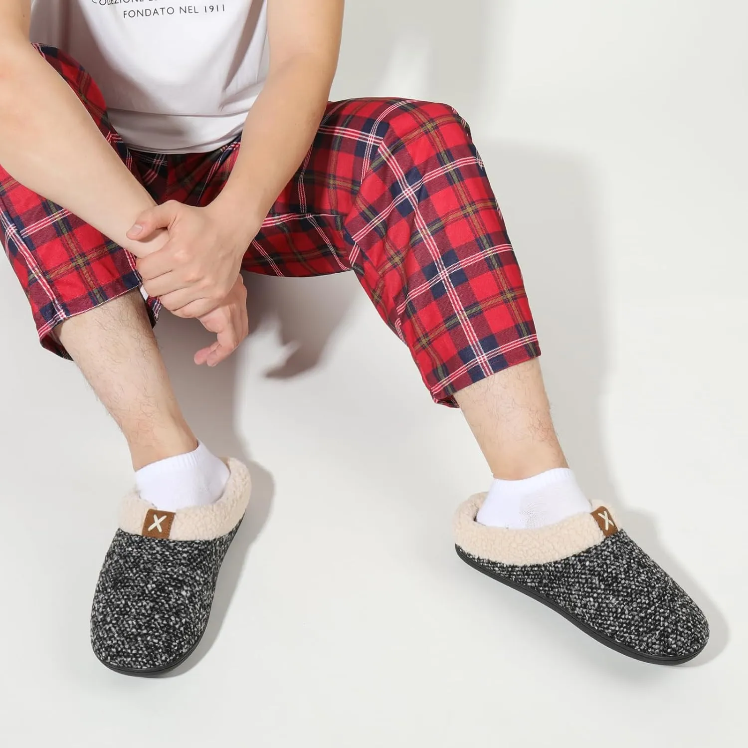 ULTRAIDEAS Mens Slip On Slippers, Sherpa Lined House Shoes with Memory Foam for Indoor Outdoor, Machine Washable