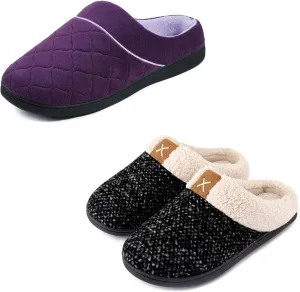 ULTRAIDEAS Women's Indoor Bedroom Slipper with Memory Foam, Gift for Women, Wool-Like House Shoe with Anti-Skid Rubber Sole for Ladies (9-10, Black&Eggplant)