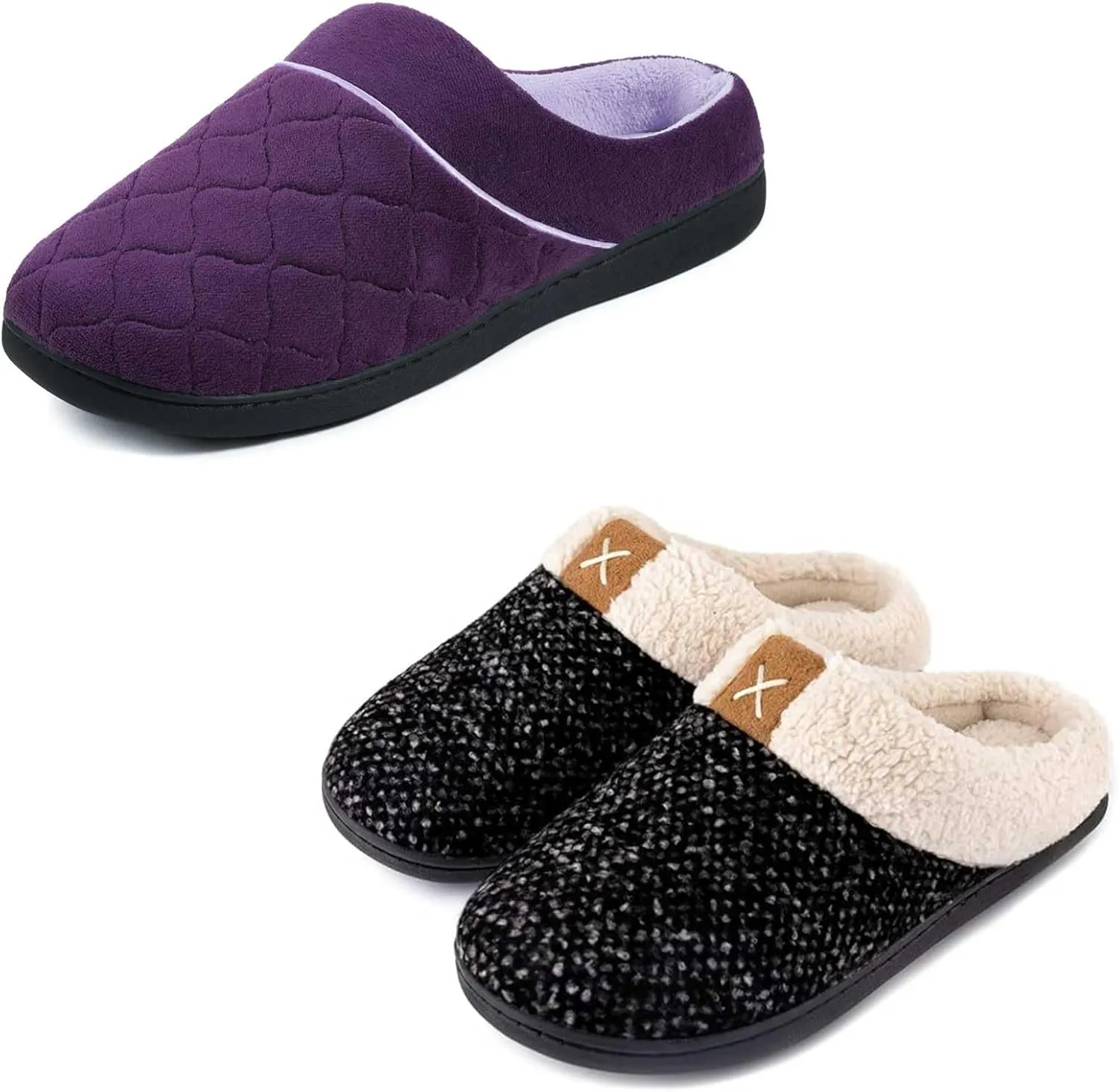 ULTRAIDEAS Women's Indoor Bedroom Slipper with Memory Foam, Gift for Women, Wool-Like House Shoe with Anti-Skid Rubber Sole for Ladies (9-10, Black&Eggplant)