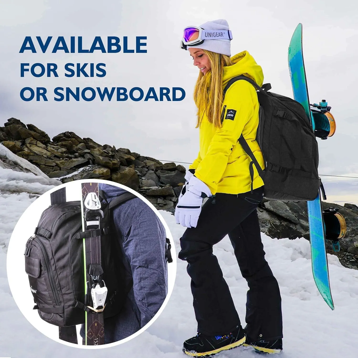 Unigear Ski Boot Bag, 70L Ski Boot Travel Backpack for Ski Helmet, Goggles, Gloves, Skis, Snowboard & Accessories（Black）