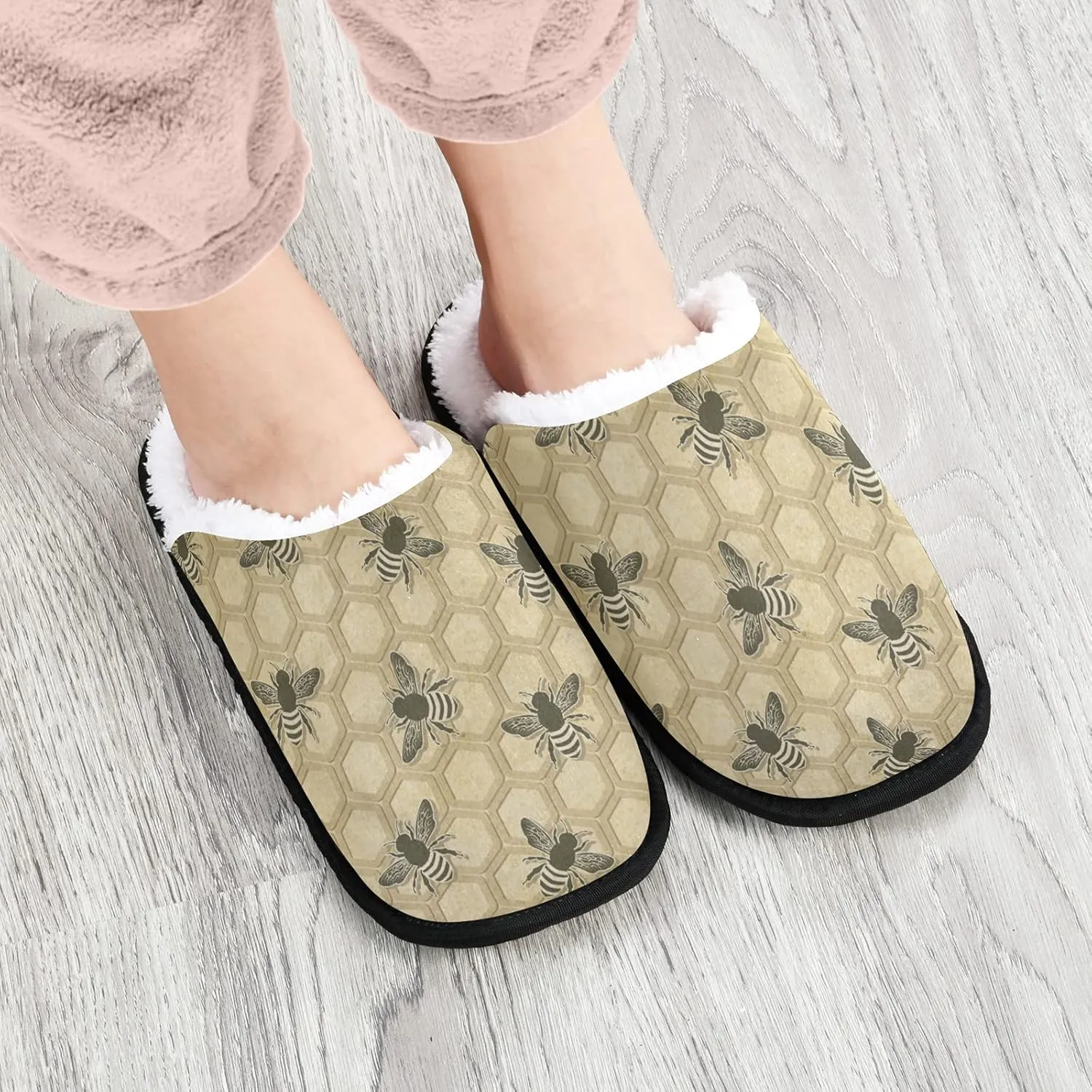 visesunny Retro Bee Honeycomb Pattern Cozy Fuzzy Womens Memory Foam House Slippers Plush Fleece Indoor Outdoor Slipper