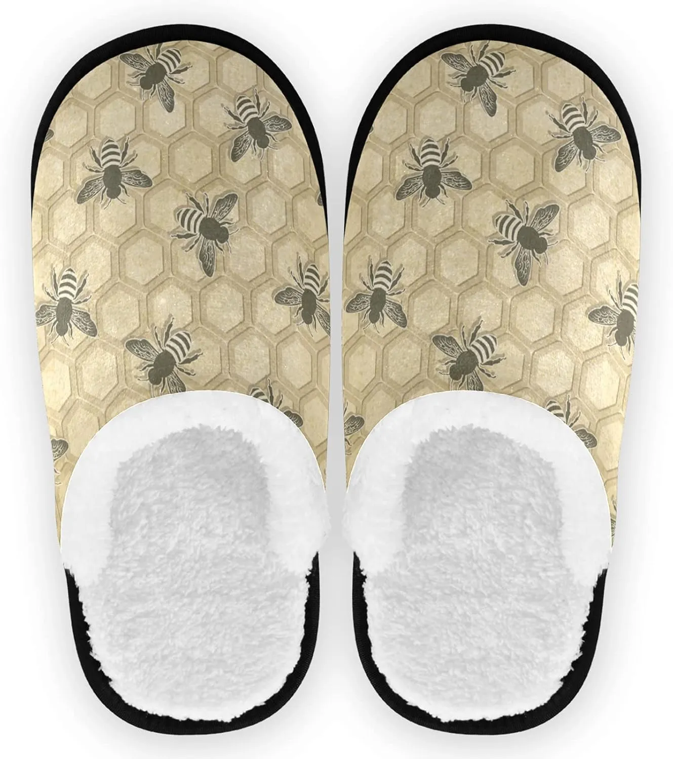 visesunny Retro Bee Honeycomb Pattern Cozy Fuzzy Womens Memory Foam House Slippers Plush Fleece Indoor Outdoor Slipper