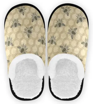 visesunny Retro Bee Honeycomb Pattern Cozy Fuzzy Womens Memory Foam House Slippers Plush Fleece Indoor Outdoor Slipper