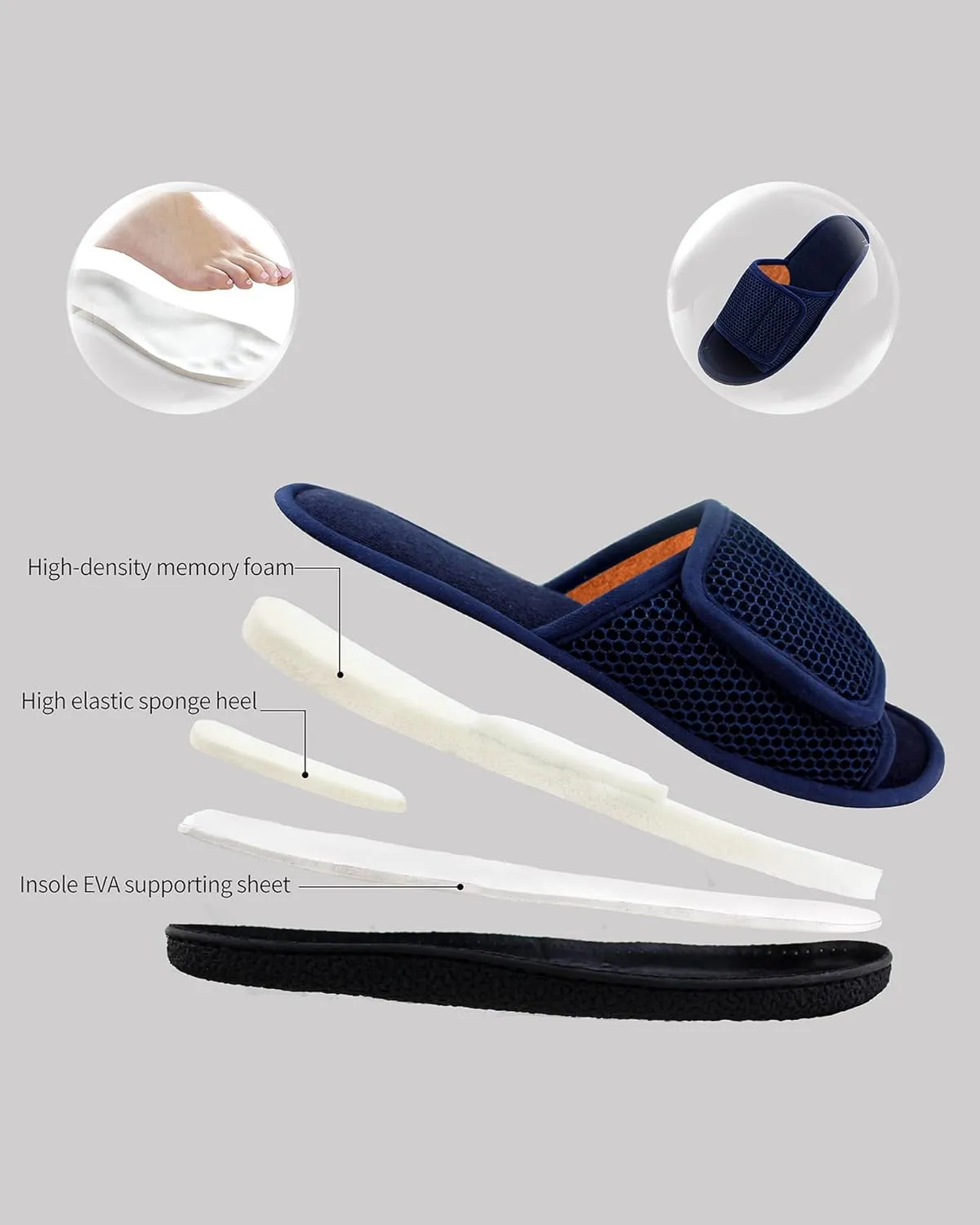 WALKFUN Adjustable House Slippers for Men Open Toe Breathable Indoor Slip on Mens Slides Sandals with Memory Foam for Bedroom,Patio