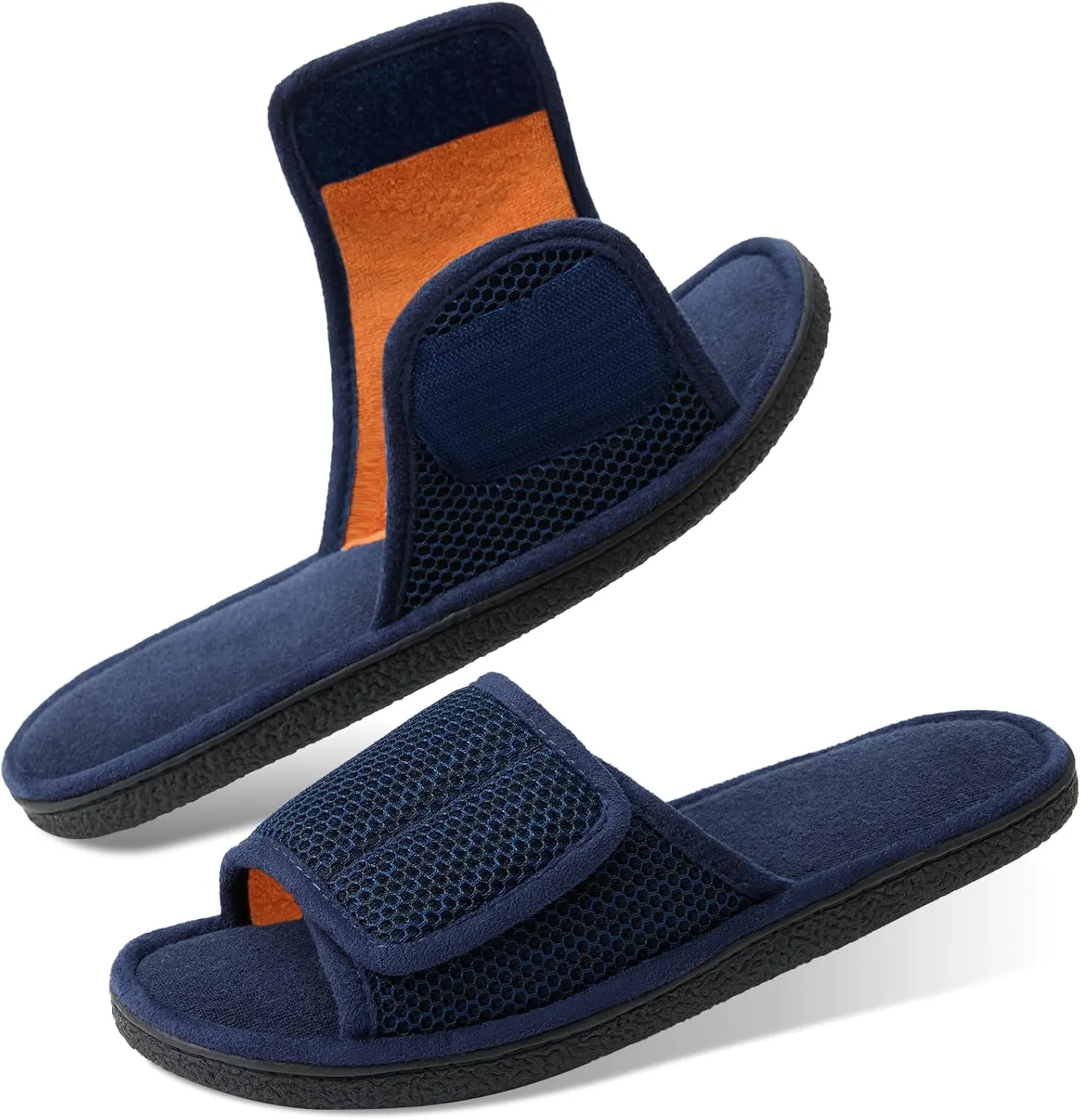 WALKFUN Adjustable House Slippers for Men Open Toe Breathable Indoor Slip on Mens Slides Sandals with Memory Foam for Bedroom,Patio