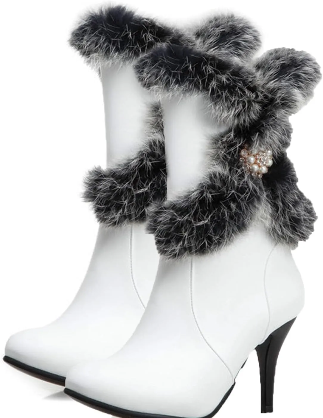 Waterproof Snow Boots, Mid-Calf Boots for Women Pointed Toe Stiletto Heels Side Zipper Plush and Warm Mid-Calf Boots Pu Waterproof Raw Edge Fashion Boots