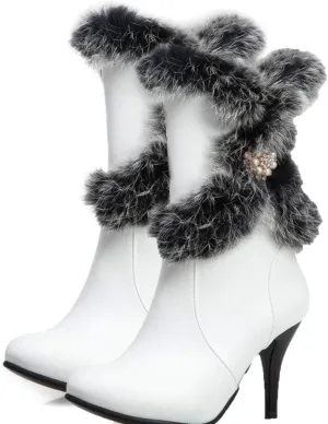 Waterproof Snow Boots, Mid-Calf Boots for Women Pointed Toe Stiletto Heels Side Zipper Plush and Warm Mid-Calf Boots Pu Waterproof Raw Edge Fashion Boots