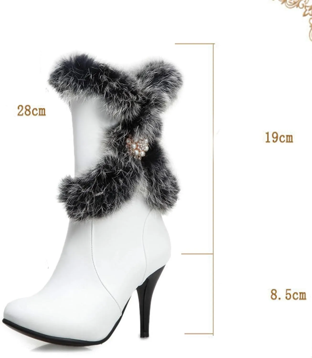 Waterproof Snow Boots, Mid-Calf Boots for Women Pointed Toe Stiletto Heels Side Zipper Plush and Warm Mid-Calf Boots Pu Waterproof Raw Edge Fashion Boots