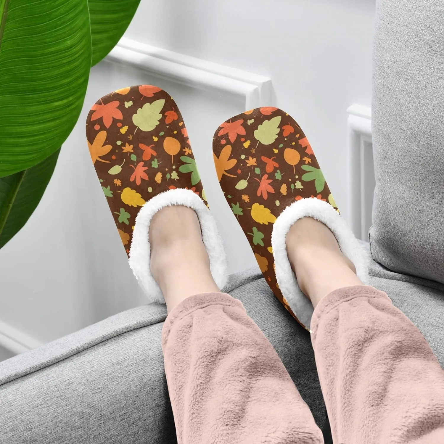 Winter House Slippers for Women/Men with Tropical Jungle Palm Leaves Element Cozy Fleece Slippers