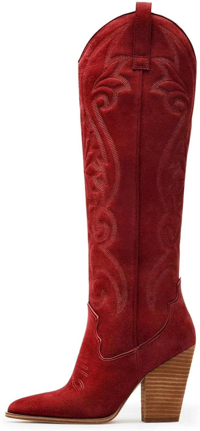 WIRALOMI Women Western Knee High Boots Embroidered Chunky Block Heel Cowboy Boots Pointed Toe Pull on Cowgirl Boots