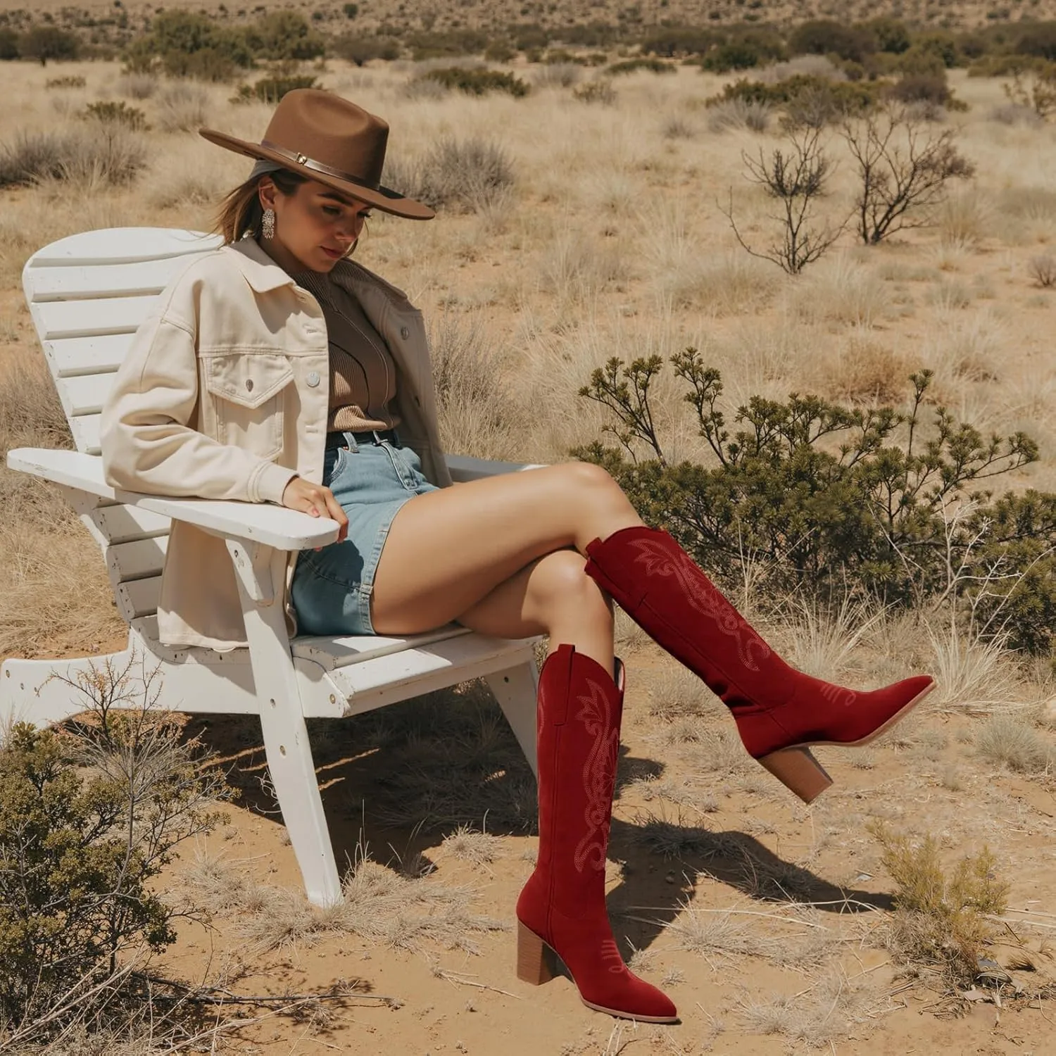WIRALOMI Women Western Knee High Boots Embroidered Chunky Block Heel Cowboy Boots Pointed Toe Pull on Cowgirl Boots