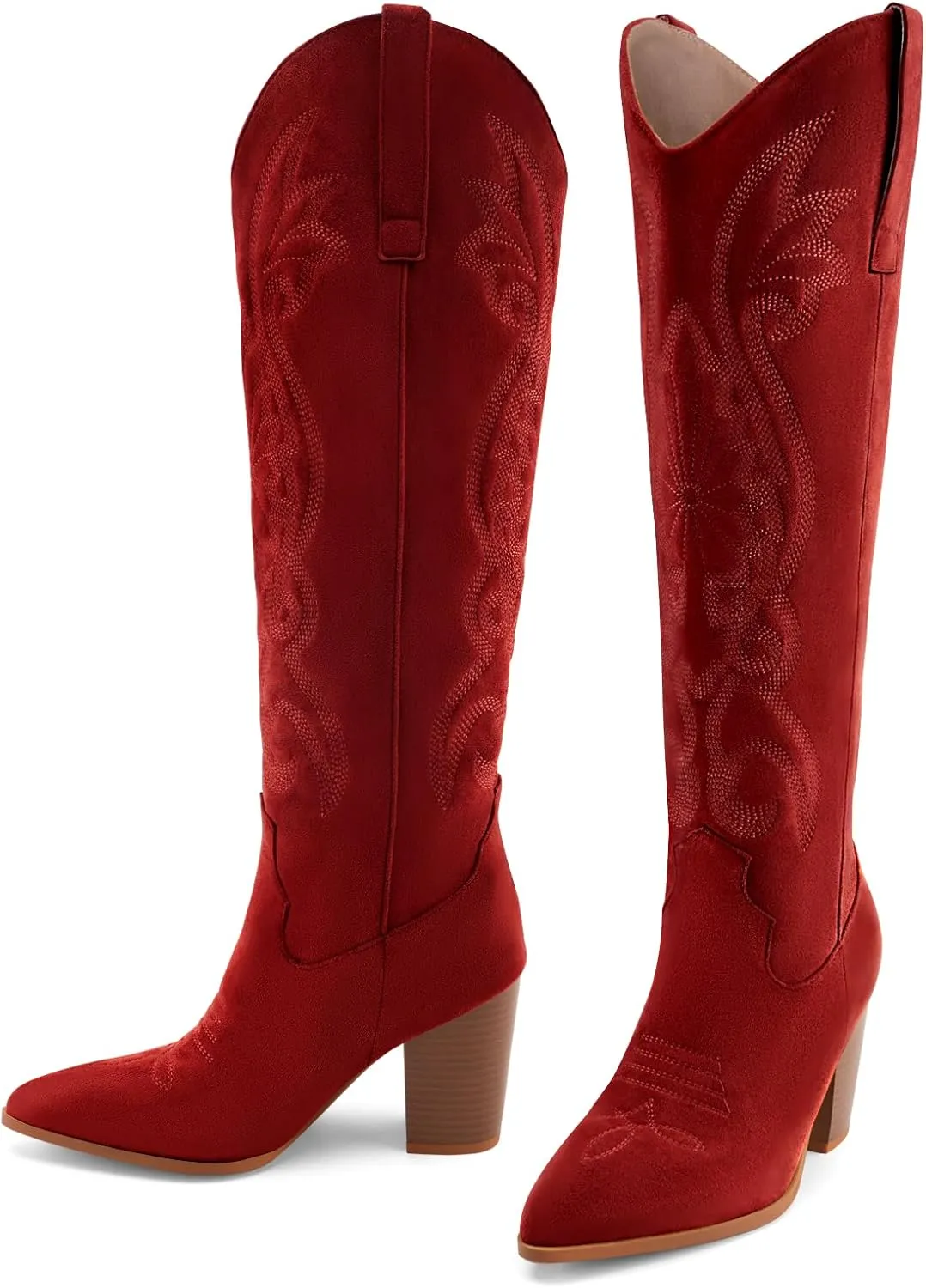 WIRALOMI Women Western Knee High Boots Embroidered Chunky Block Heel Cowboy Boots Pointed Toe Pull on Cowgirl Boots