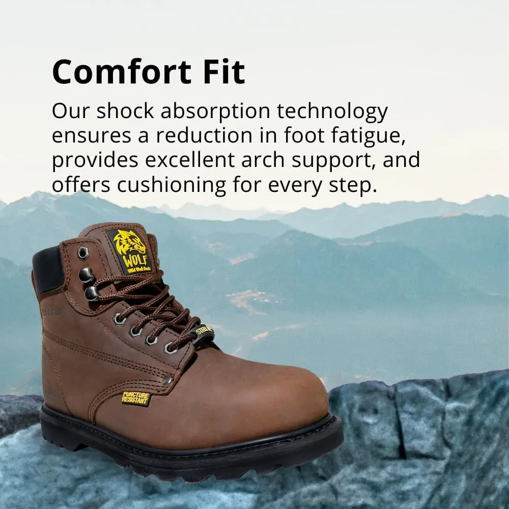 Wolf Work Boot | 100% Genuine Upper Leather | Oil, Heat, Chemical, Impact, Abrasion Resistant | Electrical Hazards | Non-Slip Rubber Sole | Steel Toe | Padded Collar | Construction | Industrial PPE
