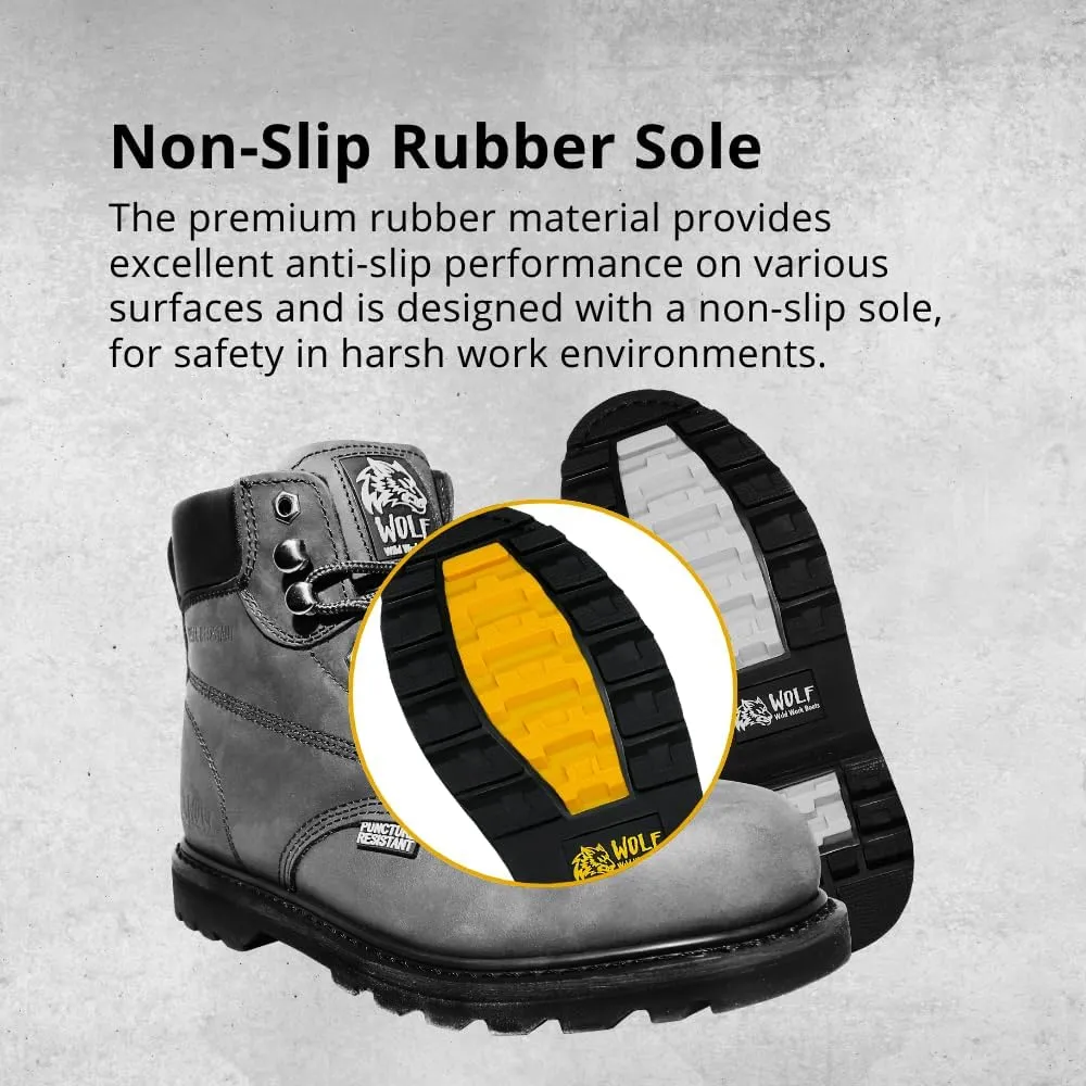Wolf Work Boot | 100% Genuine Upper Leather | Oil, Heat, Chemical, Impact, Abrasion Resistant | Electrical Hazards | Non-Slip Rubber Sole | Steel Toe | Padded Collar | Construction | Industrial PPE