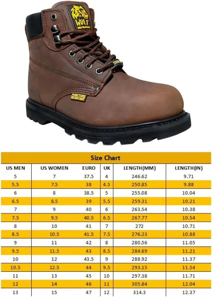 Wolf Work Boot | 100% Genuine Upper Leather | Oil, Heat, Chemical, Impact, Abrasion Resistant | Electrical Hazards | Non-Slip Rubber Sole | Steel Toe | Padded Collar | Construction | Industrial PPE