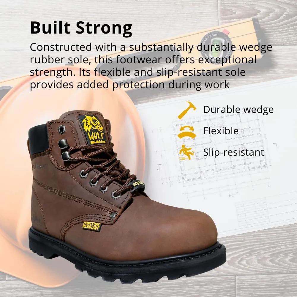 Wolf Work Boot | 100% Genuine Upper Leather | Oil, Heat, Chemical, Impact, Abrasion Resistant | Electrical Hazards | Non-Slip Rubber Sole | Steel Toe | Padded Collar | Construction | Industrial PPE