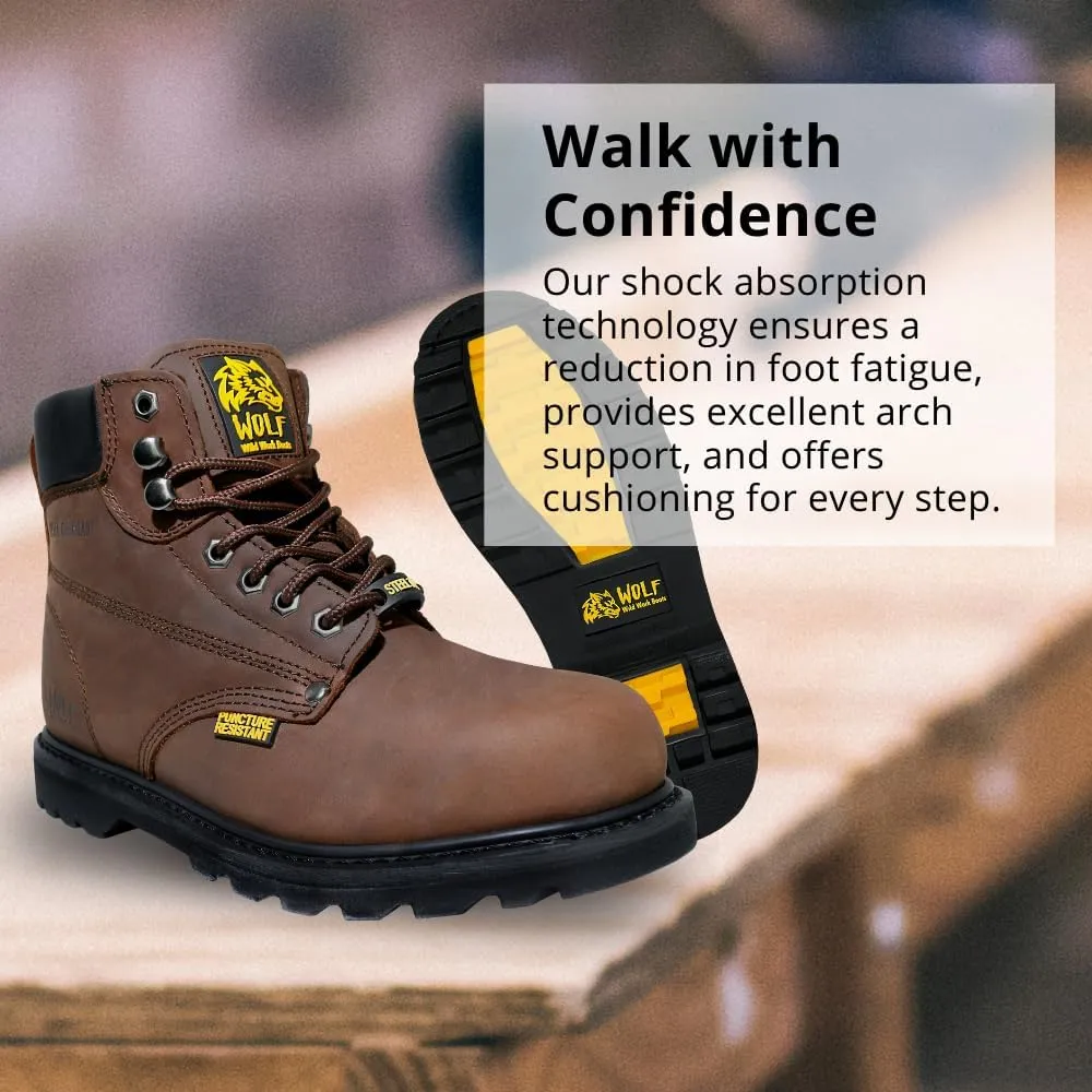 Wolf Work Boot | 100% Genuine Upper Leather | Oil, Heat, Chemical, Impact, Abrasion Resistant | Electrical Hazards | Non-Slip Rubber Sole | Steel Toe | Padded Collar | Construction | Industrial PPE