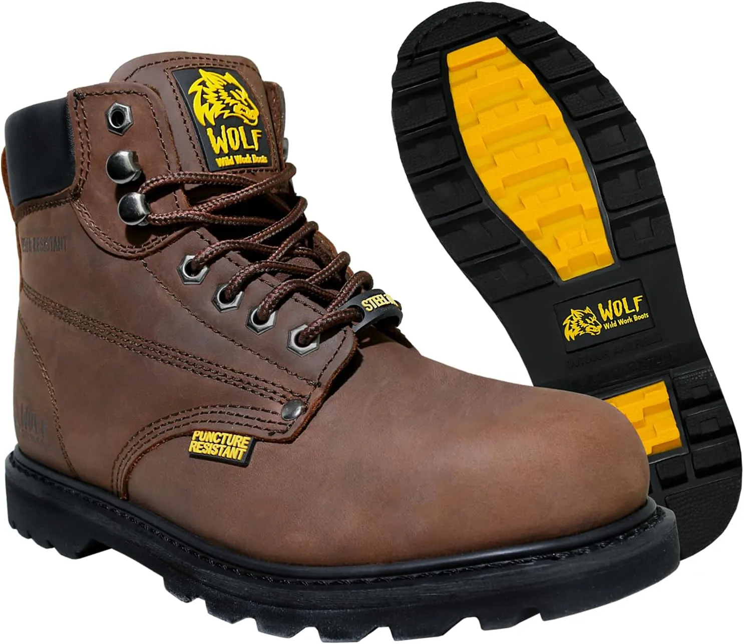 Wolf Work Boot | 100% Genuine Upper Leather | Oil, Heat, Chemical, Impact, Abrasion Resistant | Electrical Hazards | Non-Slip Rubber Sole | Steel Toe | Padded Collar | Construction | Industrial PPE