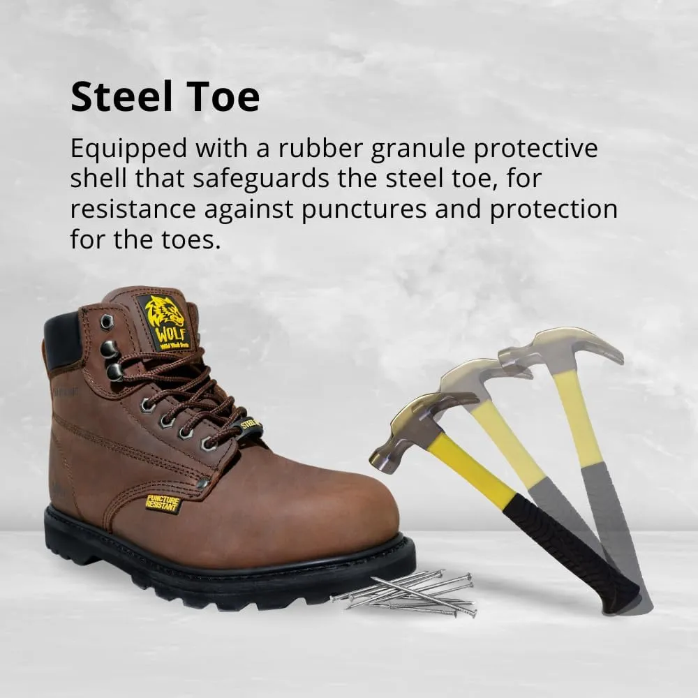 Wolf Work Boot | 100% Genuine Upper Leather | Oil, Heat, Chemical, Impact, Abrasion Resistant | Electrical Hazards | Non-Slip Rubber Sole | Steel Toe | Padded Collar | Construction | Industrial PPE