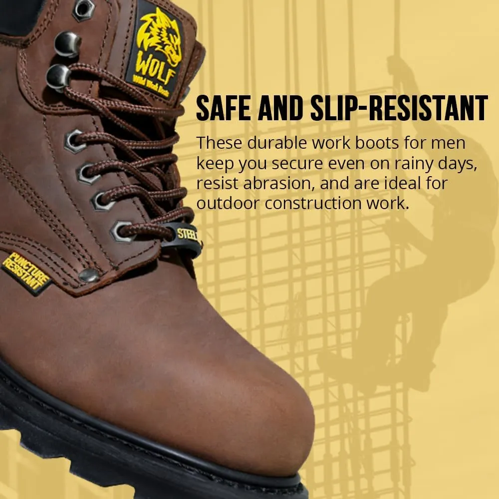 Wolf Work Boot | 100% Genuine Upper Leather | Oil, Heat, Chemical, Impact, Abrasion Resistant | Electrical Hazards | Non-Slip Rubber Sole | Steel Toe | Padded Collar | Construction | Industrial PPE