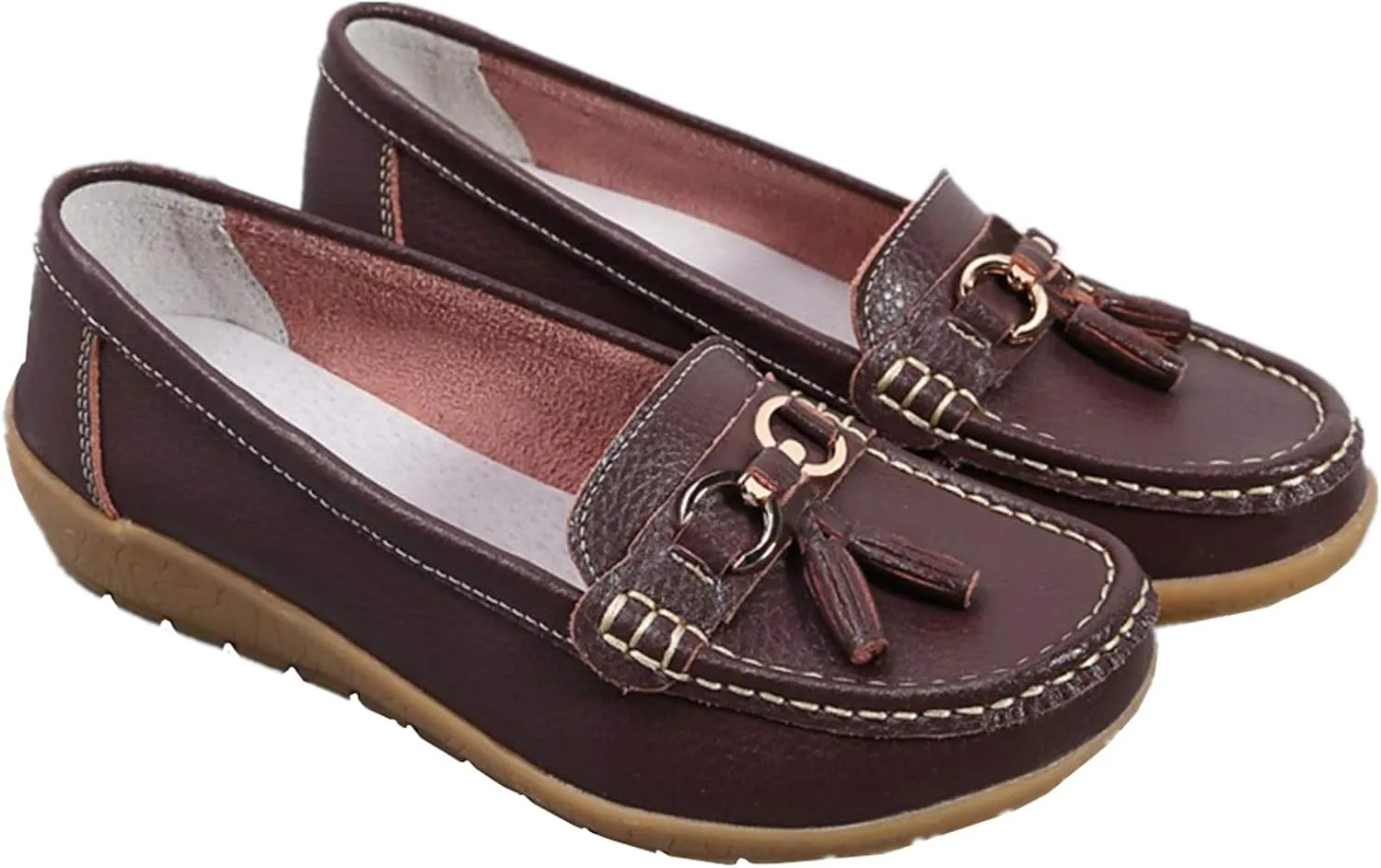 Women Loafers Leather Rubber Sole Slip On Walking Flats Casual Moccasin Boat Shoes