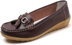 Women Loafers Leather Rubber Sole Slip On Walking Flats Casual Moccasin Boat Shoes