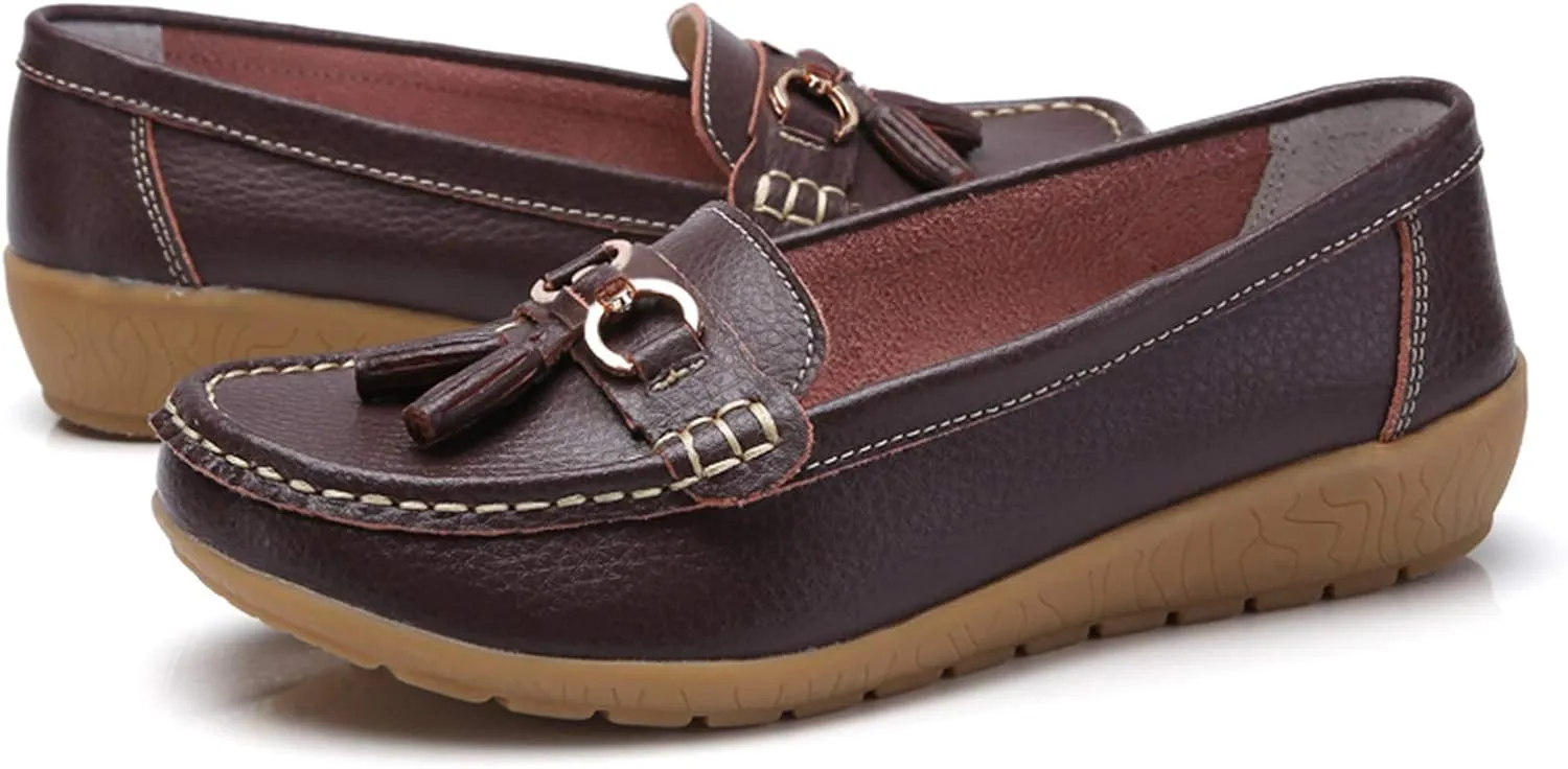 Women Loafers Leather Rubber Sole Slip On Walking Flats Casual Moccasin Boat Shoes