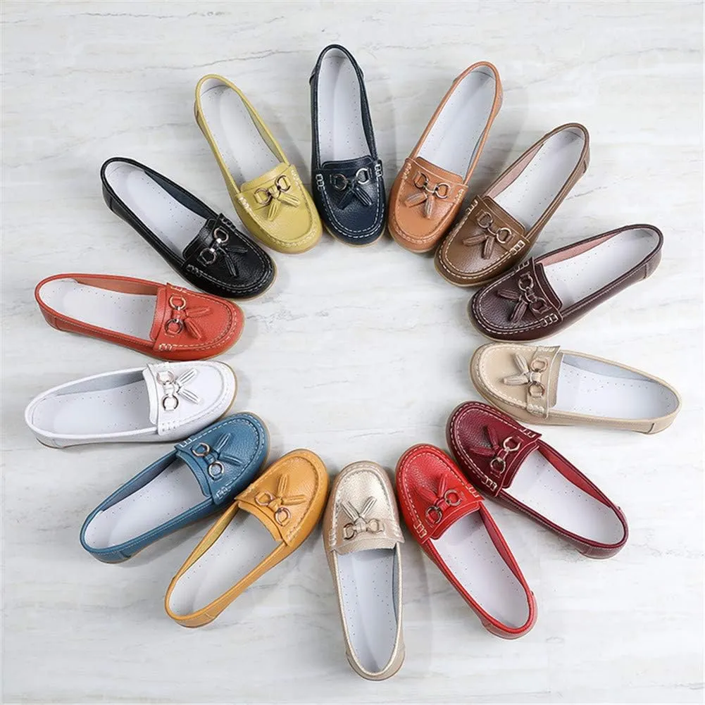 Women Loafers Leather Rubber Sole Slip On Walking Flats Casual Moccasin Boat Shoes