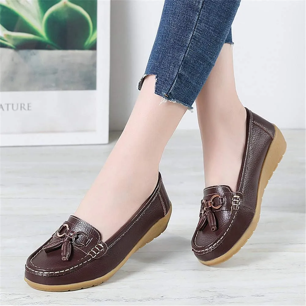 Women Loafers Leather Rubber Sole Slip On Walking Flats Casual Moccasin Boat Shoes