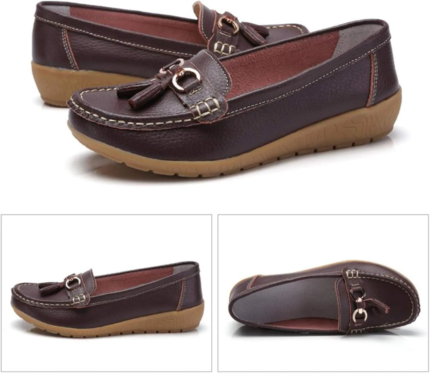 Women Loafers Leather Rubber Sole Slip On Walking Flats Casual Moccasin Boat Shoes