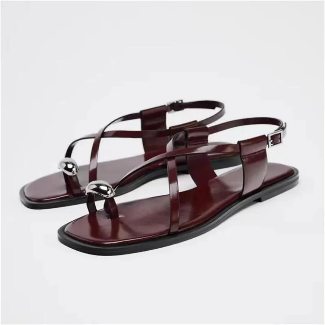 Womens Buckle Strap Front Rear Strap Flat Heel Open Side Vamp Modern Sandals Artificial Leather Square Toe Summer Sandals