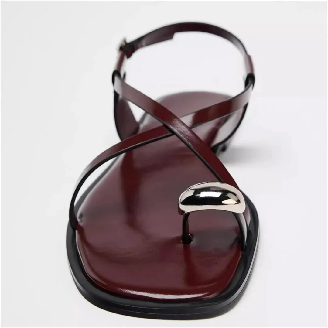 Womens Buckle Strap Front Rear Strap Flat Heel Open Side Vamp Modern Sandals Artificial Leather Square Toe Summer Sandals