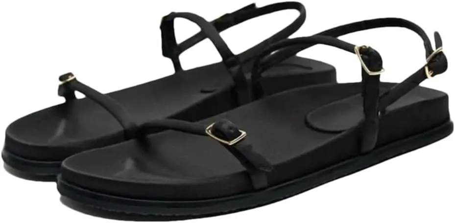 Womens Buckle Strap Front Rear Strap Flat Heel Open Side Vamp Modern Sandals Artificial Leather Square Toe Summer Sandals