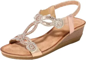 Womens Elastic Band Back Strap Wedge Heel Open Side Vamp Basic Sandals PU Upper Rhinestone Vintage Bohemian Floral Beach