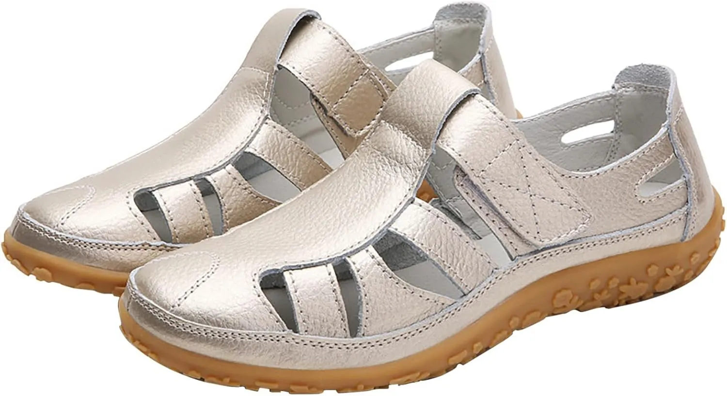 Women's Hollow Casual Shoes Leather Soft Bottom Sandals Comfortable Lightweight Non Slip Breathable Orthopedic Beach Shoes Closed Toe Summer Sneakers