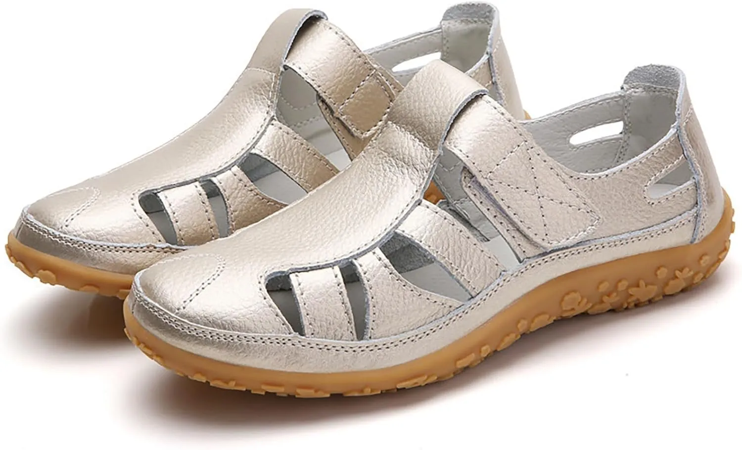 Women's Hollow Casual Shoes Leather Soft Bottom Sandals Comfortable Lightweight Non Slip Breathable Orthopedic Beach Shoes Closed Toe Summer Sneakers