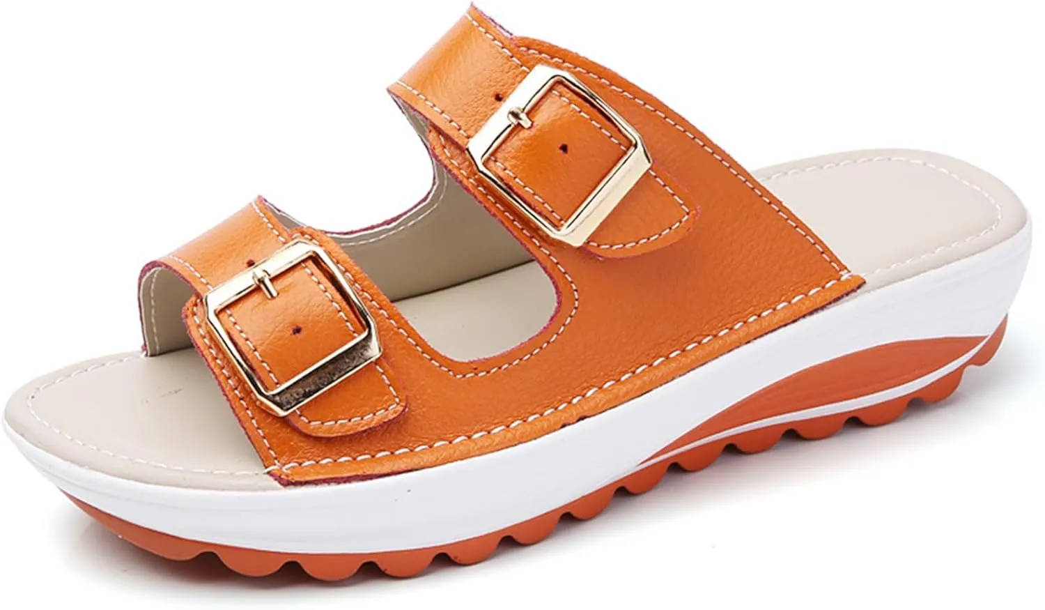 Women'S Leather Buckle Platform Sandals Breathable Round Open Toe Lug Sole Non-Slip Slip-On Walking Sandals Suitable For Beach Walks
