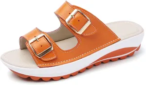 Women'S Leather Buckle Platform Sandals Breathable Round Open Toe Lug Sole Non-Slip Slip-On Walking Sandals Suitable For Beach Walks