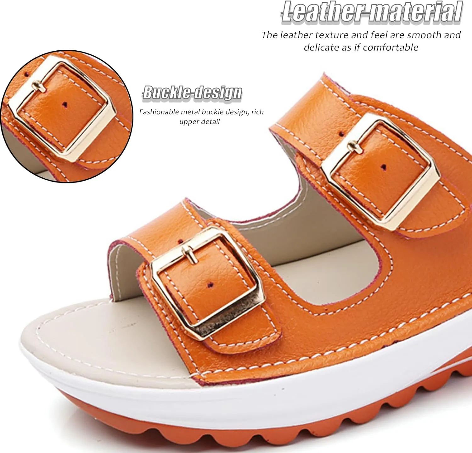 Women'S Leather Buckle Platform Sandals Breathable Round Open Toe Lug Sole Non-Slip Slip-On Walking Sandals Suitable For Beach Walks