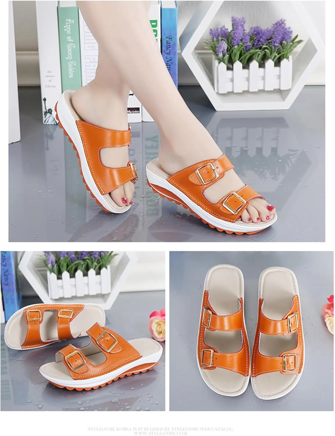 Women'S Leather Buckle Platform Sandals Breathable Round Open Toe Lug Sole Non-Slip Slip-On Walking Sandals Suitable For Beach Walks