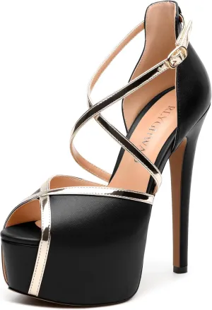 Womens Platform Sandals Stiletto Heels Round Toe High Heels Fashion Cross Body Strap Open Toe Buckle Heeled Sandal Shoes
