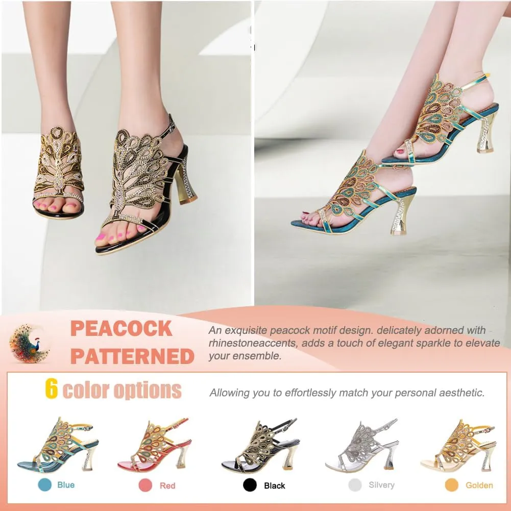Women's Rhinestone Peacock Patterned Handmade Sandals with Chunky Heel