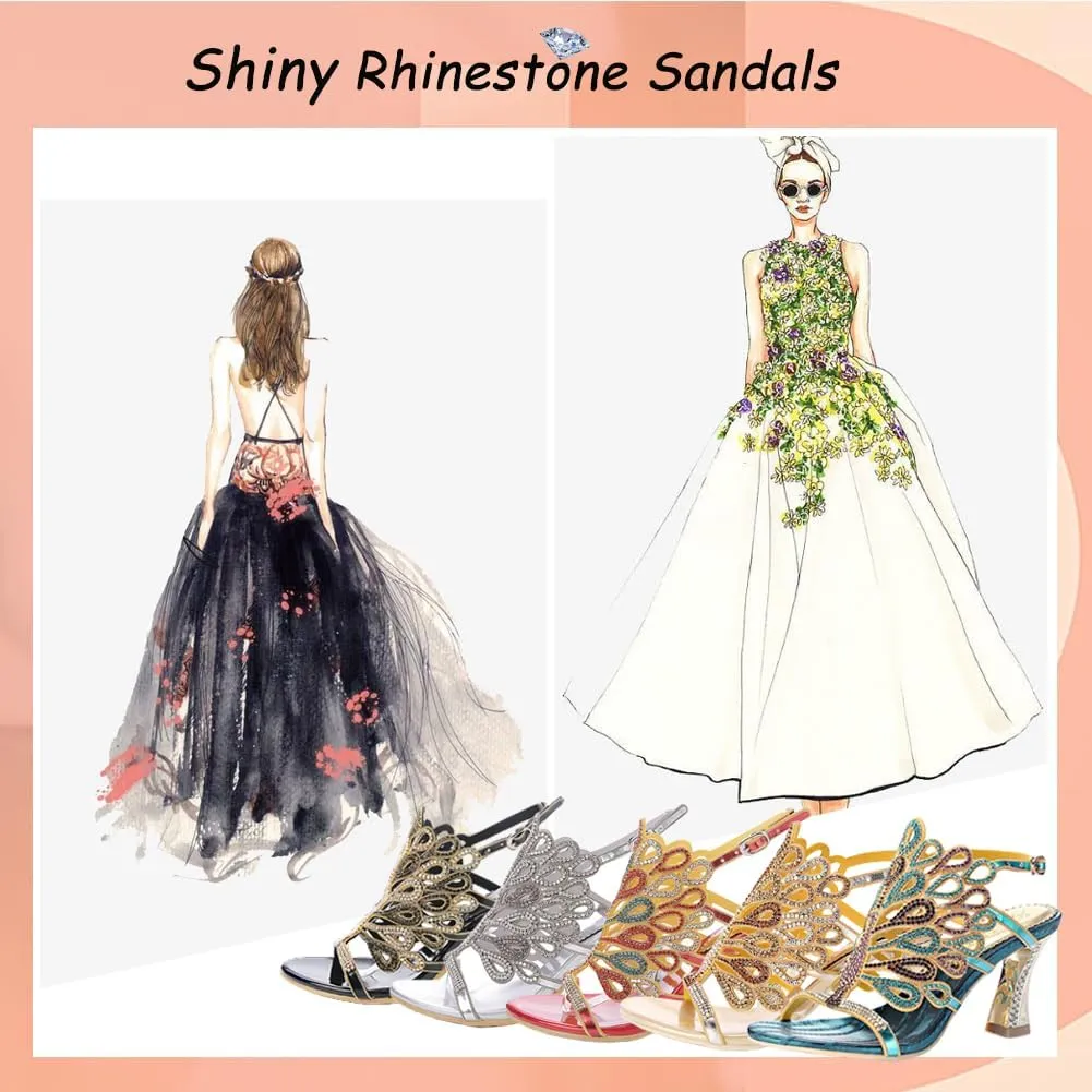 Women's Rhinestone Peacock Patterned Handmade Sandals with Chunky Heel