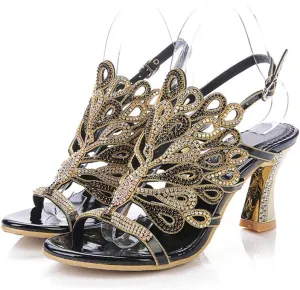 Women's Rhinestone Peacock Patterned Handmade Sandals with Chunky Heel