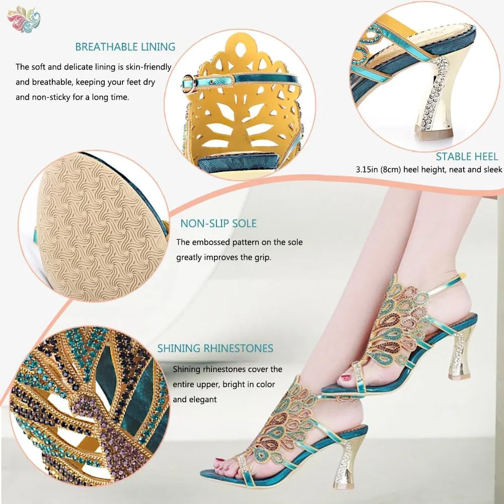 Women's Rhinestone Peacock Patterned Handmade Sandals with Chunky Heel