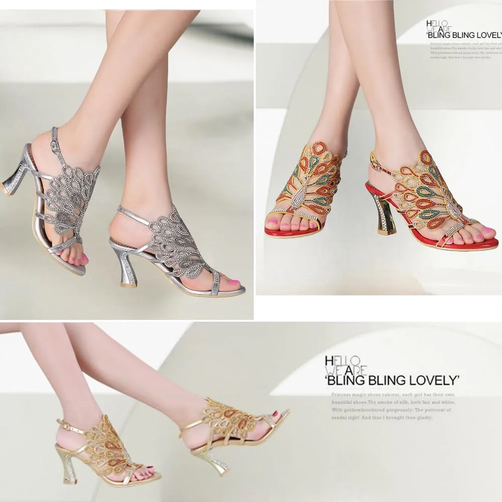 Women's Rhinestone Peacock Patterned Handmade Sandals with Chunky Heel