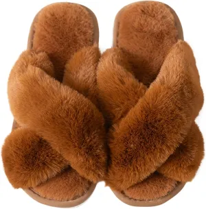 Women's Slipper Memory Foam Cross Band Fuzzy Slippers Open Toe Cozy House Slippers Cozy Plush Bedroom Indoor Outdoor