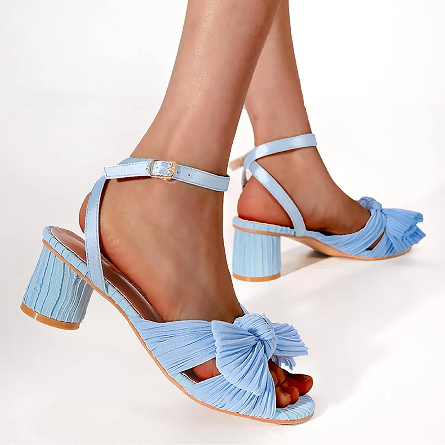 Women's Summer Thick Heel Satin Bow Round Head Sandals Womens High Heel Sandals Size 11 Slip on Sandal for Women