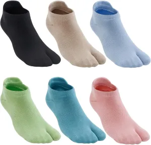 Women's Tabi Split Toe Flip Flop Socks Big Two Toe Cotton Colorful Crew No Show Low Cut Athletic Pack of 6